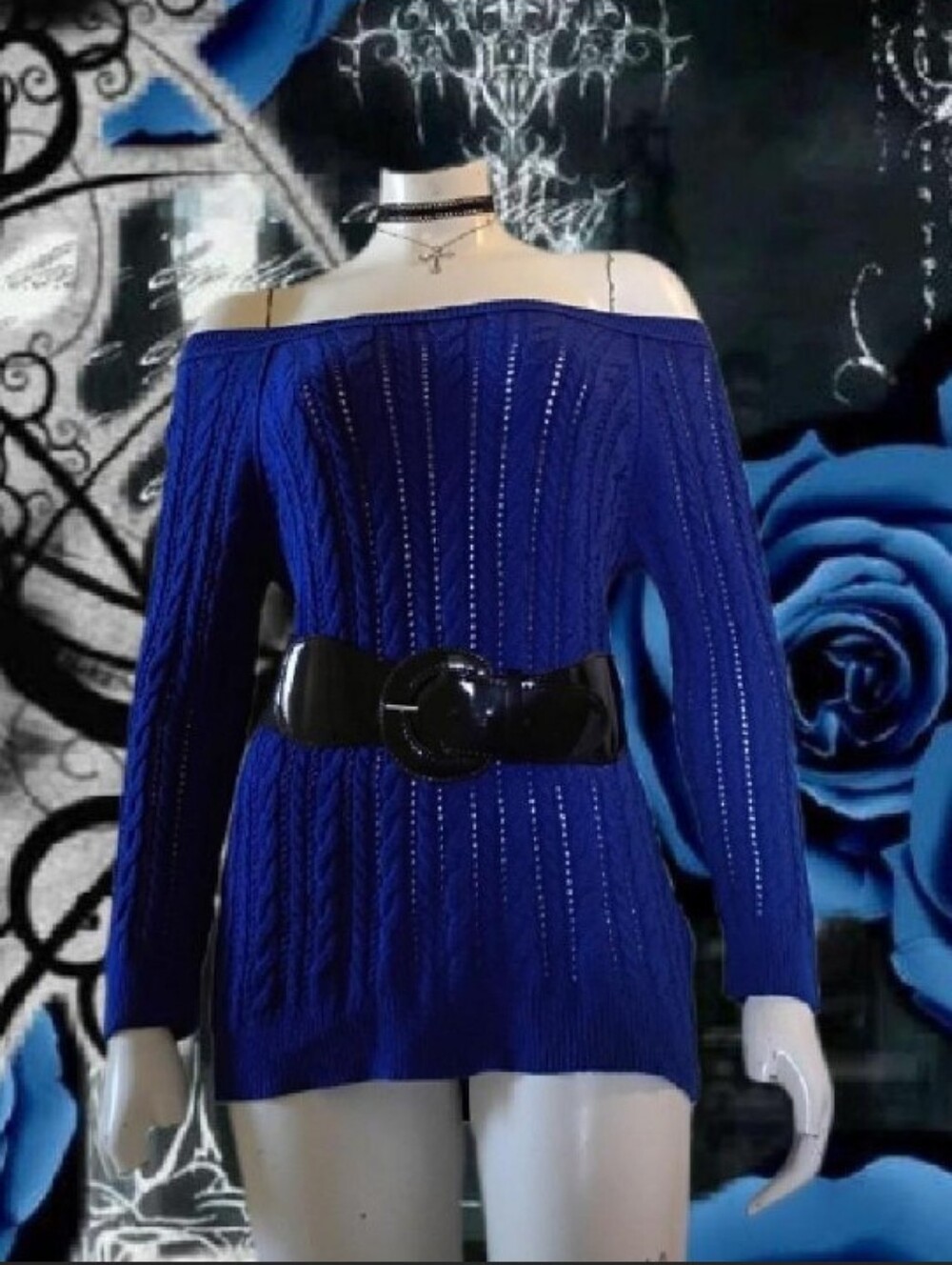 Y2K American Eagle Outfitters M Off-Shoulder Royal Blue Open Knit Tunic Sweater